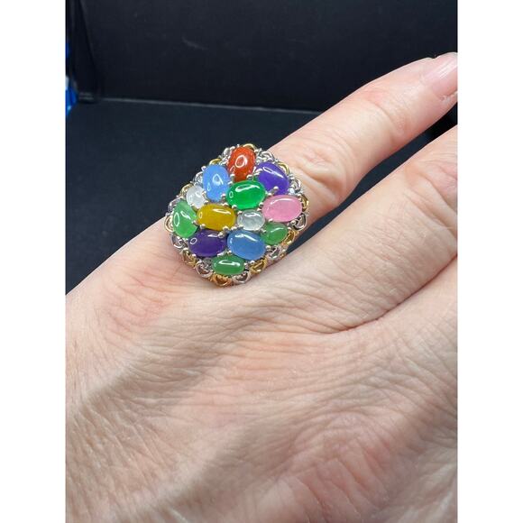 NEW rainbow harmony jade ring in vermeil and rhodium over sterling silver size 5 - Picture 4 of 16